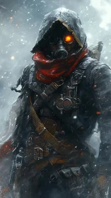 Post-apocalyptic wanderer stalks a frozen battlefield alone.