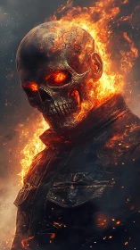 Incandescent flaming skull figure in charred tactical jacket