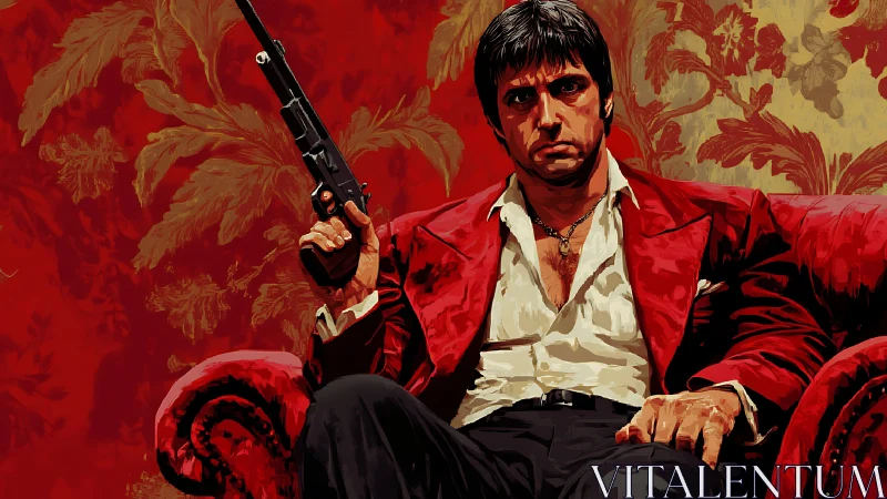 Vectorized gangster portrait with high-contrast red palette.