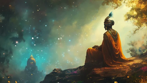 Meditating mystic overlooks starlit temple valley at dusk.