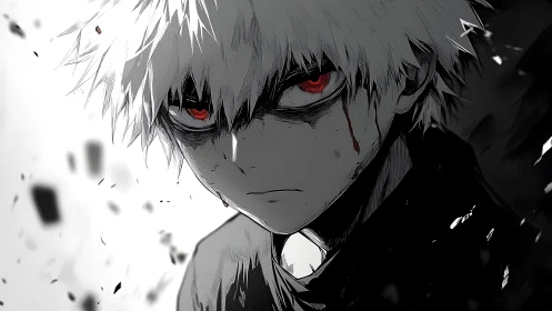 White haired anime boy with bleeding red eyes glows