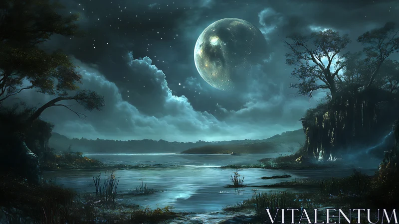 Luminous lunar lake under ethereal stormlit night sky.