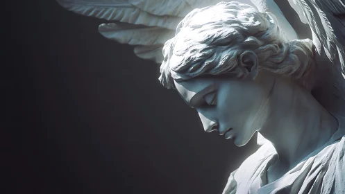 High-contrast marble angel bust in raking directional light