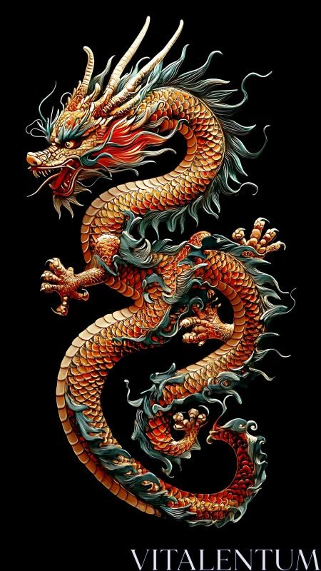 Coiled oriental dragon with gilded scales on pure black ground