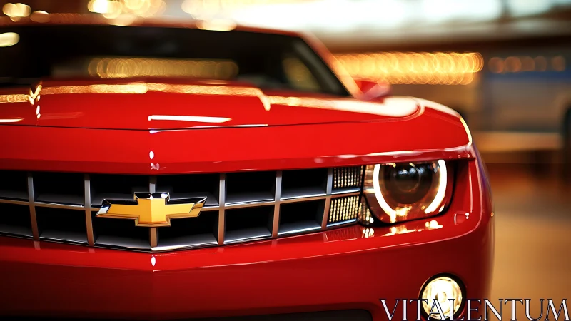 Crimson muscle car close‑up glowing with urban showroom light.