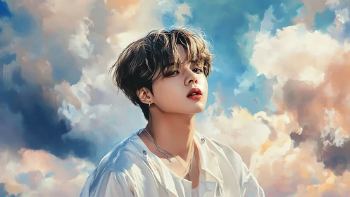 Atmospheric digital portrait amid painterly cumulus skyfield.