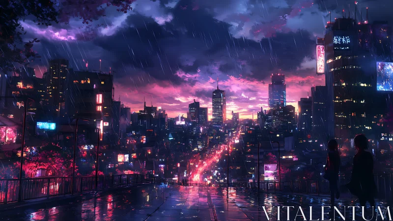 Rainy neon city sunset glowing with quiet evening hope.
