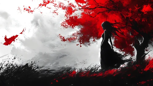 Silhouetted woman in red-black abstract landscape with dynamic brushwork