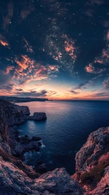 Vertical twilight seascape uniting star-rich sky and rugged cliffs