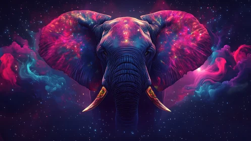 Cosmic elephant head glows amid vibrant interstellar clouds.