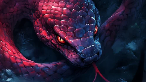 Crimson serpent guardian glows in the moonlit shadows.