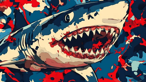 Shark illustration shows stylized jaws within abstract color fields