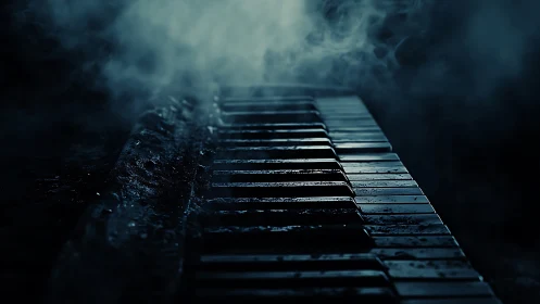 Old piano keyboard sits in low light with rising smoke