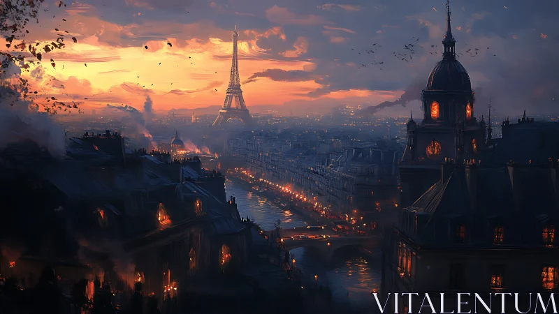 Dramatic burning Paris cityscape at dusk with Eiffel Tower
