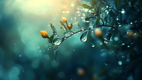 Golden buds and raindrops glow softly in gentle morning light