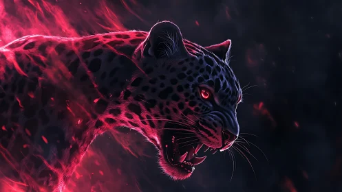 Neon-Illuminated Leopard with Luminescent Eyes and Ethereal Particle Trail