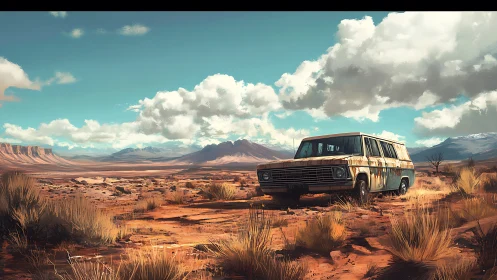 Rusting van under vast desert sky in digital artwork.