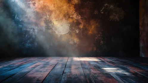 Textured studio wall with wooden floor and directional light