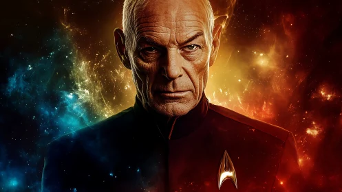 Starlit veteran stands between dueling nebula fires and frost