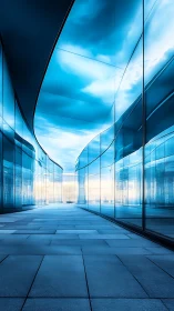 Curving glass walkway reflects a calm, endless blue sky