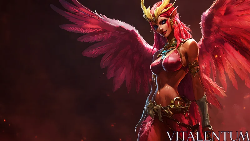 Winged humanoid figure in red avian armor on dark background.