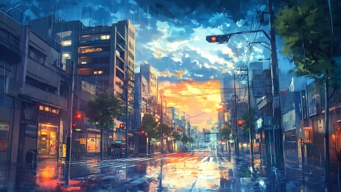 Soft evening rain brushes a glowing city street awake