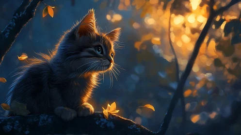 Kitten perched on branch, backlit by golden autumn foliage in warm light