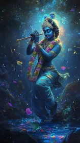 Mystical blue flutist dancing in a glowing enchanted forest.
