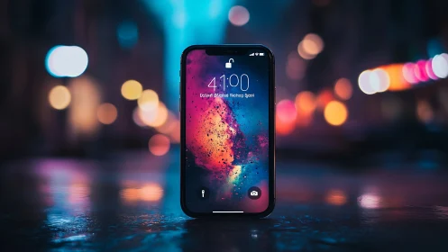 Neon Nocturne: smartphone glowing with cosmic dust explosion.