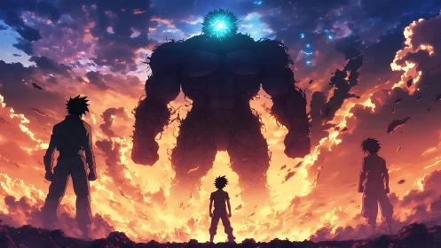 Fiery sky showdown with a glowing titan and bold youths.