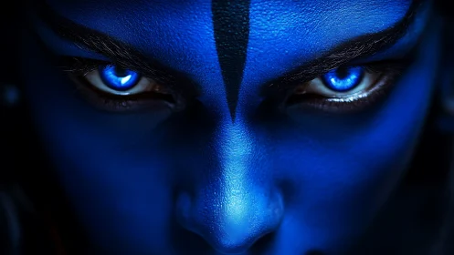 Close frontal view of blue-skinned humanoid face.
