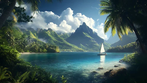 Tropical lagoon sailboat under dramatic emerald peaks.