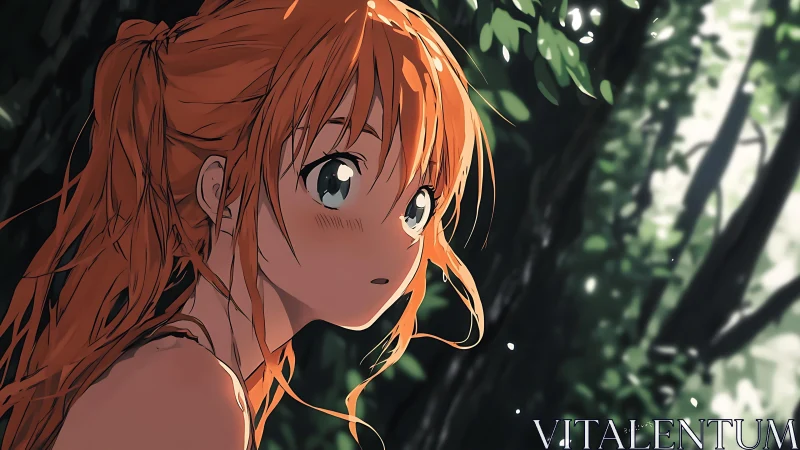 Orange haired anime girl pauses thoughtfully in sunlit forest.