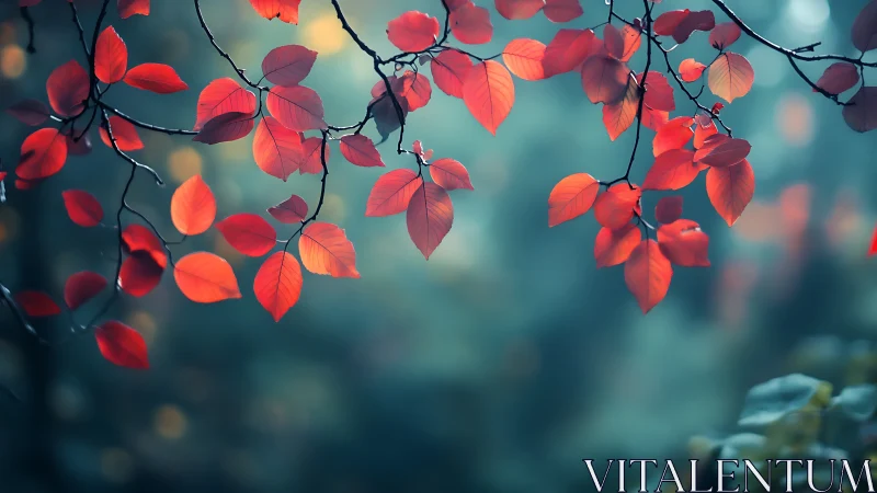 Vivid red autumn leaves on delicate branches in dreamy, soft-focus style.