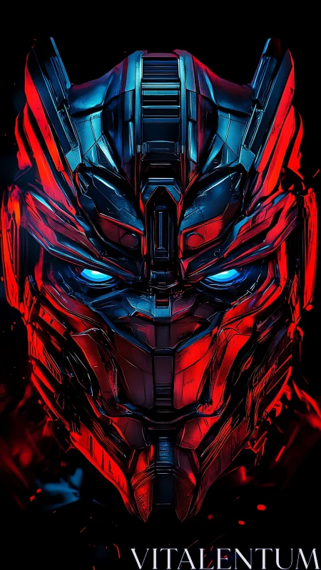 Cybernetic warrior helm in neon red and electric blue glow.