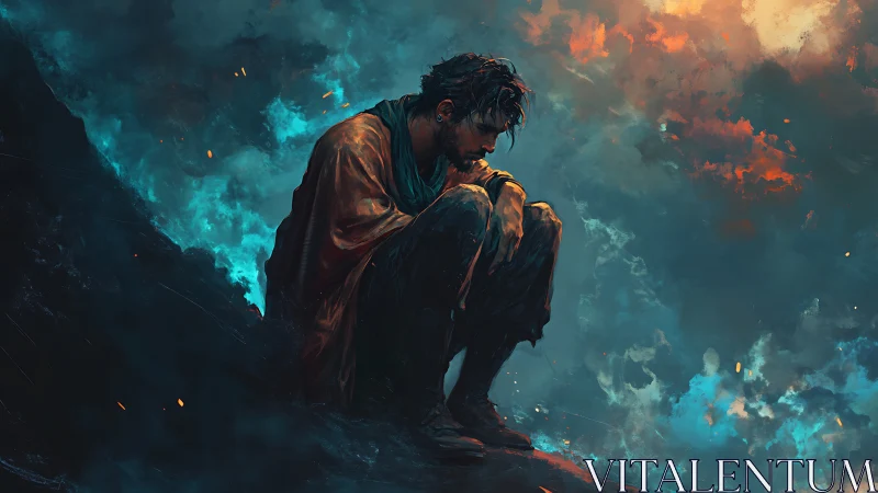 Solitary man crouched in stormy, colorful skyscape.