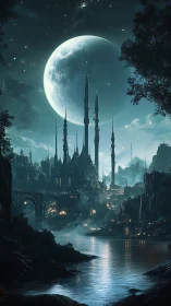 Moon-crowned river city hums beneath spires of silver night