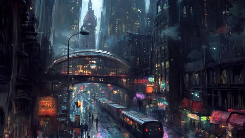 Nocturnal cyber-artery with elevated transit concourse, raining.