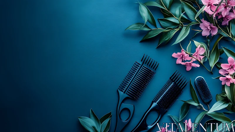Midnight salon ritual with combs and pink tropical blooms.