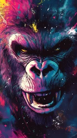 Neon gorilla portrait explodes with primal energy