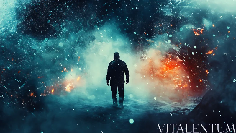 Solitary explorer crossing elemental fire and ice vortex.