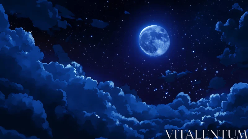 Moonlit night sky above glowing blue cloudscape.