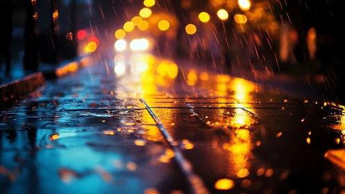 Wet city pavement reflects defocused bokeh headlights at night
