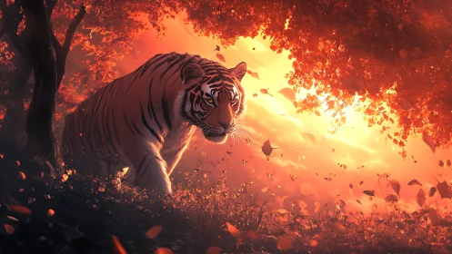 Tiger walking through glowing autumn forest at dusk.