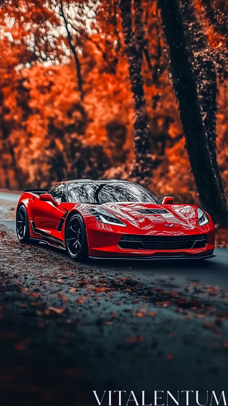 Red sports car on forest road with vivid autumn foliage.