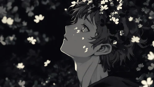 Monochrome profile of youth with scattered light petals.