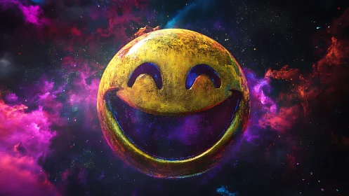 Smiley face sphere rendered in colorful deep space scene.