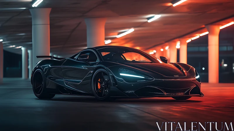 Black sports coupe in illuminated underground parking area.