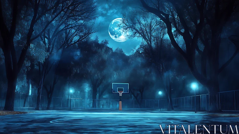 Moonlit outdoor basketball court in quiet blue forest.