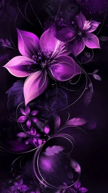 Purple luminescent flowers rendered with digital light effects and flowing organic forms.